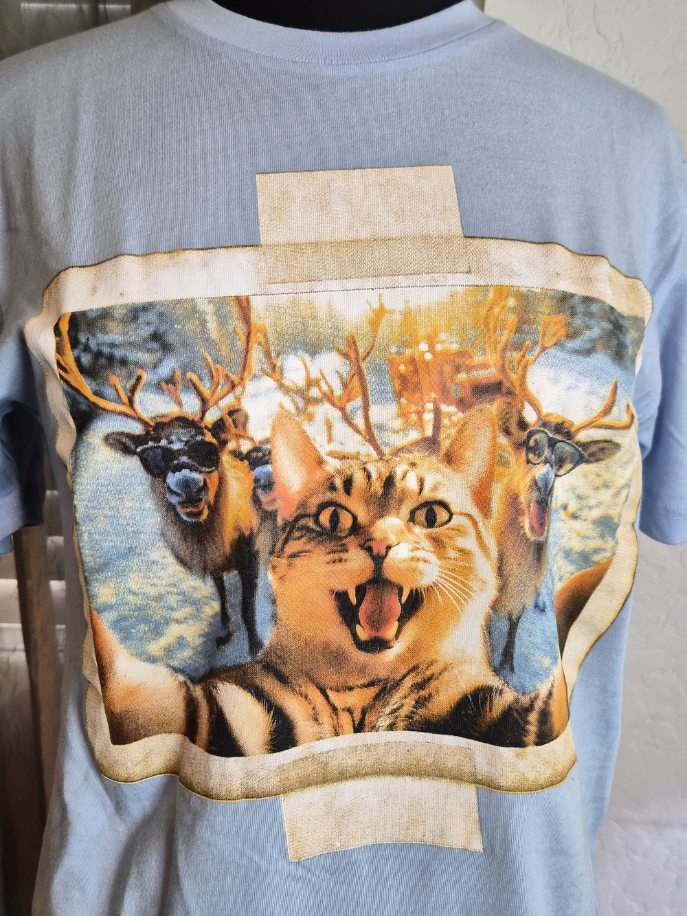 Cute Cat & Reindeer Print Pet Tee - Light Blue